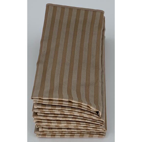 Cloth Napkins Set Of 6 Gold Beige Square Striped Cotton Rolled Hem Table Linens - Picture 4 of 4